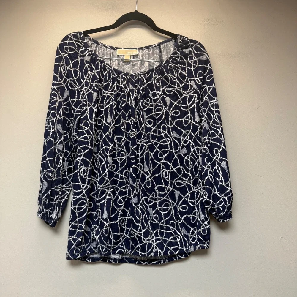 Michael Kors Peasant Top Womens M Navy New Nautical Rope Tassel Print QS15423337